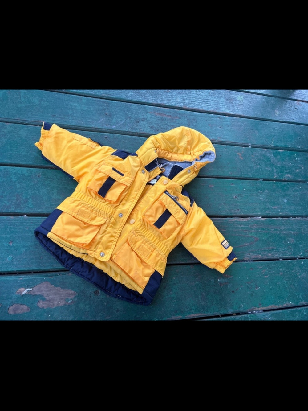 Children's Yellow Hooded Puffer Coat with Navy Trim